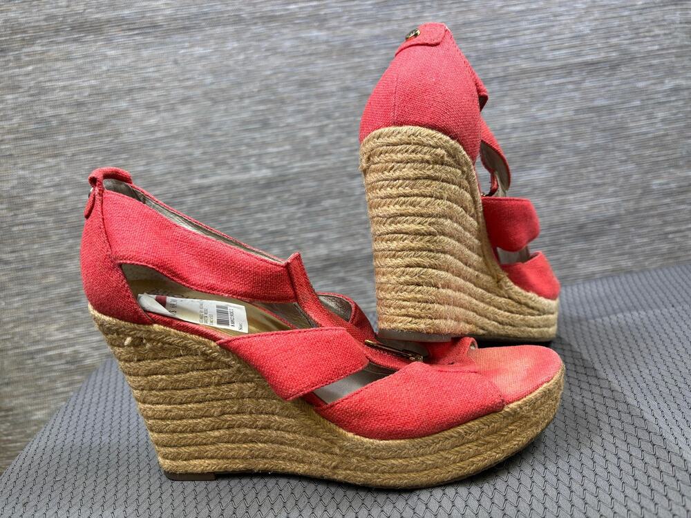 MICHAEL Michael Kors Sandals Womens Size 9.5 Red Delta Espadrille Wedge Zip